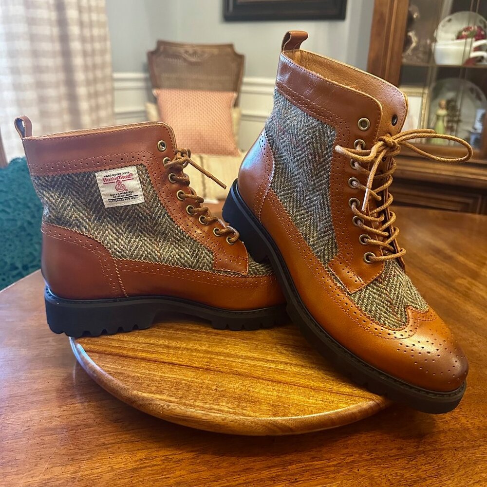 HARRIS TWEED CHESTNUT HERRINGBONE PREPPY LACE UP ISLANDER BOOT WOMENS US/8 UK/6
